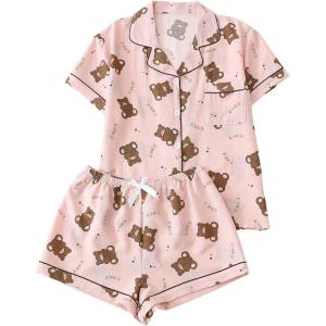 imageVerdusa Womens 2 Piece Pajama Set Matching Pjs Sets Cute Printed Sleepwear Button Up Shirt with Lounge Shorts SetBear Pink