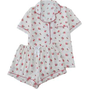 imageVerdusa Womens 2 Piece Pajama Set Matching Pjs Sets Cute Printed Sleepwear Button Up Shirt with Lounge Shorts SetBeige