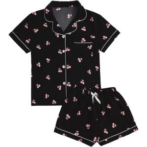 imageVerdusa Womens 2 Piece Pajama Set Matching Pjs Sets Cute Printed Sleepwear Button Up Shirt with Lounge Shorts SetBlack