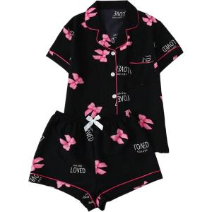 imageVerdusa Womens 2 Piece Pajama Set Matching Pjs Sets Cute Printed Sleepwear Button Up Shirt with Lounge Shorts SetBlack and Pink