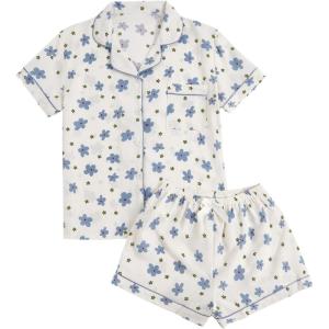 imageVerdusa Womens 2 Piece Pajama Set Matching Pjs Sets Cute Printed Sleepwear Button Up Shirt with Lounge Shorts SetBlue and White