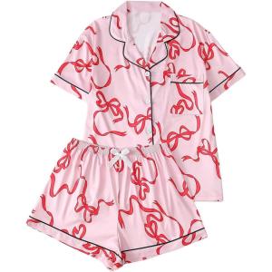 imageVerdusa Womens 2 Piece Pajama Set Matching Pjs Sets Cute Printed Sleepwear Button Up Shirt with Lounge Shorts SetBow Pink