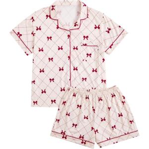 imageVerdusa Womens 2 Piece Pajama Set Matching Pjs Sets Cute Printed Sleepwear Button Up Shirt with Lounge Shorts SetBow Pink Beige