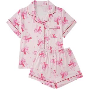 imageVerdusa Womens 2 Piece Pajama Set Matching Pjs Sets Cute Printed Sleepwear Button Up Shirt with Lounge Shorts SetBow Pink Red