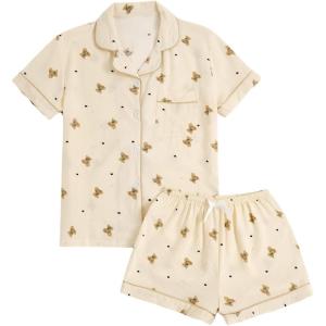 imageVerdusa Womens 2 Piece Pajama Set Matching Pjs Sets Cute Printed Sleepwear Button Up Shirt with Lounge Shorts SetBrown Apricot