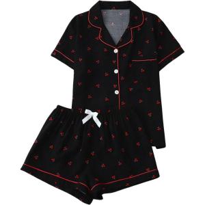 imageVerdusa Womens 2 Piece Pajama Set Matching Pjs Sets Cute Printed Sleepwear Button Up Shirt with Lounge Shorts SetCherry Black