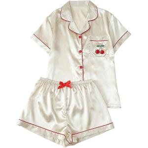 imageVerdusa Womens 2 Piece Pajama Set Matching Pjs Sets Cute Printed Sleepwear Button Up Shirt with Lounge Shorts SetCherry Khaki