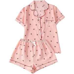 imageVerdusa Womens 2 Piece Pajama Set Matching Pjs Sets Cute Printed Sleepwear Button Up Shirt with Lounge Shorts SetCherry Pink