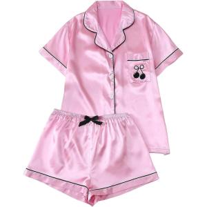 imageVerdusa Womens 2 Piece Pajama Set Matching Pjs Sets Cute Printed Sleepwear Button Up Shirt with Lounge Shorts SetCherry Pink Black