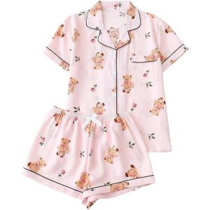 imageVerdusa Womens 2 Piece Pajama Set Matching Pjs Sets Cute Printed Sleepwear Button Up Shirt with Lounge Shorts SetCute Pink