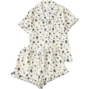 imageVerdusa Womens 2 Piece Pajama Set Matching Pjs Sets Cute Printed Sleepwear Button Up Shirt with Lounge Shorts SetFloral Apricot Black