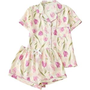 imageVerdusa Womens 2 Piece Pajama Set Matching Pjs Sets Cute Printed Sleepwear Button Up Shirt with Lounge Shorts SetGreen Beige