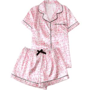 imageVerdusa Womens 2 Piece Pajama Set Matching Pjs Sets Cute Printed Sleepwear Button Up Shirt with Lounge Shorts SetLeopard Pink
