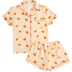 imageVerdusa Womens 2 Piece Pajama Set Matching Pjs Sets Cute Printed Sleepwear Button Up Shirt with Lounge Shorts SetOrange Apricot