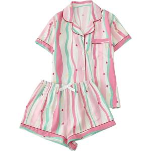 imageVerdusa Womens 2 Piece Pajama Set Matching Pjs Sets Cute Printed Sleepwear Button Up Shirt with Lounge Shorts SetPink
