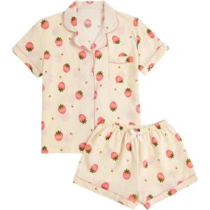 imageVerdusa Womens 2 Piece Pajama Set Matching Pjs Sets Cute Printed Sleepwear Button Up Shirt with Lounge Shorts SetPink Apricot