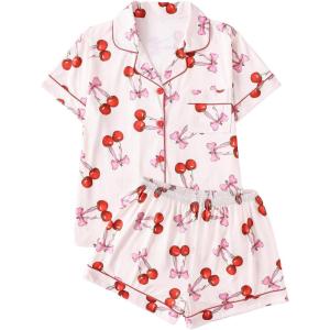 imageVerdusa Womens 2 Piece Pajama Set Matching Pjs Sets Cute Printed Sleepwear Button Up Shirt with Lounge Shorts SetPink Red
