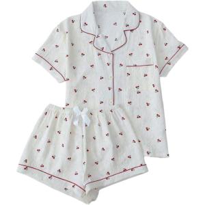 imageVerdusa Womens 2 Piece Pajama Set Matching Pjs Sets Cute Printed Sleepwear Button Up Shirt with Lounge Shorts SetPlus Beige