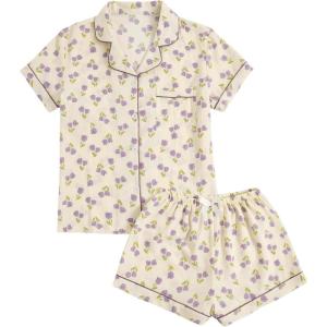 imageVerdusa Womens 2 Piece Pajama Set Matching Pjs Sets Cute Printed Sleepwear Button Up Shirt with Lounge Shorts SetPurple Beige
