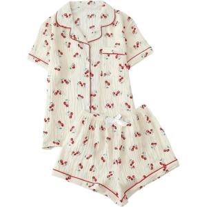 imageVerdusa Womens 2 Piece Pajama Set Matching Pjs Sets Cute Printed Sleepwear Button Up Shirt with Lounge Shorts SetRed Apricot