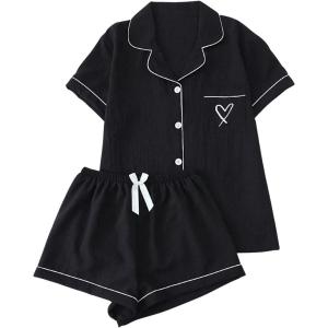 imageVerdusa Womens 2 Piece Pajama Set Matching Pjs Sets Cute Printed Sleepwear Button Up Shirt with Lounge Shorts SetSolid Black