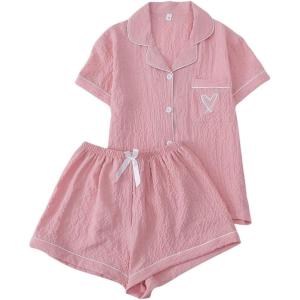 imageVerdusa Womens 2 Piece Pajama Set Matching Pjs Sets Cute Printed Sleepwear Button Up Shirt with Lounge Shorts SetSolid Pink