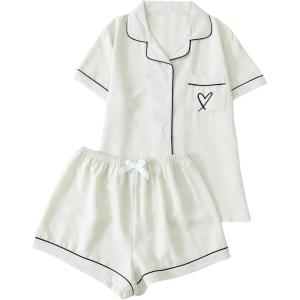 imageVerdusa Womens 2 Piece Pajama Set Matching Pjs Sets Cute Printed Sleepwear Button Up Shirt with Lounge Shorts SetSolid White