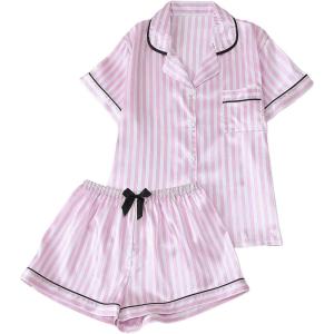 imageVerdusa Womens 2 Piece Pajama Set Matching Pjs Sets Cute Printed Sleepwear Button Up Shirt with Lounge Shorts SetStriped Pink