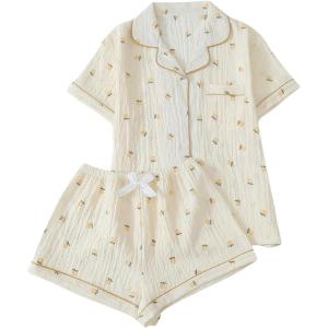 imageVerdusa Womens 2 Piece Pajama Set Matching Pjs Sets Cute Printed Sleepwear Button Up Shirt with Lounge Shorts SetYellow Apricot