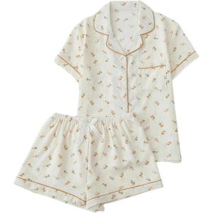 imageVerdusa Womens 2 Piece Pajama Set Matching Pjs Sets Cute Printed Sleepwear Button Up Shirt with Lounge Shorts SetYellow Beige