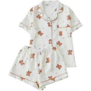 imageVerdusa Womens 2 Piece Pajama Sets Cute PJ Set Button Down Shirts and Shorts SleepwearApricot Bears