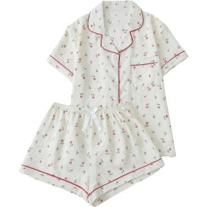 imageVerdusa Womens 2 Piece Pajama Sets Cute PJ Set Button Down Shirts and Shorts SleepwearApricot Floral