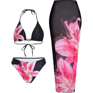 imageVerdusa Womens 3 Piece Swimsuits Metal Leopard Floral Halter Backless Beach Vacation Bikini Sets with Cover Up SkirtBlack