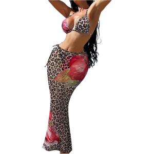 imageVerdusa Womens 3 Piece Swimsuits Metal Leopard Floral Halter Backless Beach Vacation Bikini Sets with Cover Up SkirtLeopard Brown