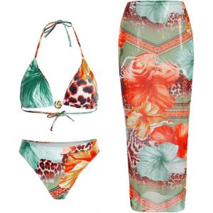 imageVerdusa Womens 3 Piece Swimsuits Metal Leopard Floral Halter Backless Beach Vacation Bikini Sets with Cover Up SkirtMulticolor
