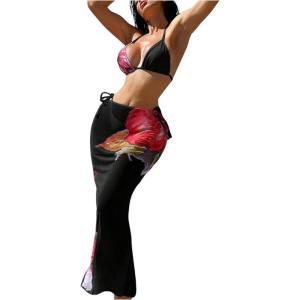imageVerdusa Womens 3 Piece Swimsuits Metal Leopard Floral Halter Backless Beach Vacation Bikini Sets with Cover Up SkirtTie Black