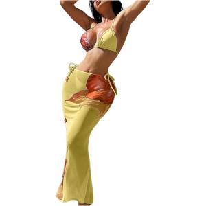 imageVerdusa Womens 3 Piece Swimsuits Metal Leopard Floral Halter Backless Beach Vacation Bikini Sets with Cover Up SkirtTie Yellow