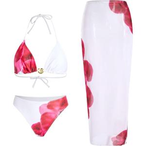 imageVerdusa Womens 3 Piece Swimsuits Metal Leopard Floral Halter Backless Beach Vacation Bikini Sets with Cover Up SkirtWhite
