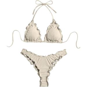 imageVerdusa Womens Bikini Sets Halter String Cute Frill Trim Two Piece Swimsuit Bathing SuitsBeige