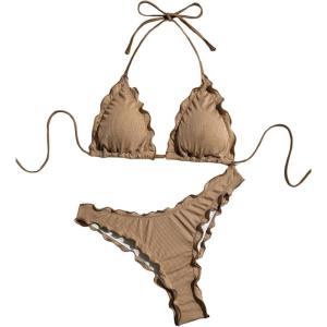 imageVerdusa Womens Bikini Sets Halter String Cute Frill Trim Two Piece Swimsuit Bathing SuitsBrown