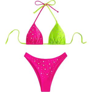 imageVerdusa Womens Colorblock Halter Swimwear Bikini Sets Two Piece Bathing SuitHot Pink Green