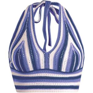 imageVerdusa Womens Colorblock Striped Crop Halter Top Tie Backless V Neck Going Out TopsBlue