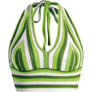 imageVerdusa Womens Colorblock Striped Crop Halter Top Tie Backless V Neck Going Out TopsGreen
