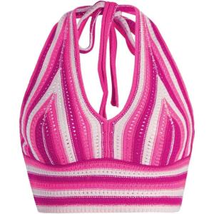 imageVerdusa Womens Colorblock Striped Crop Halter Top Tie Backless V Neck Going Out TopsHot Pink
