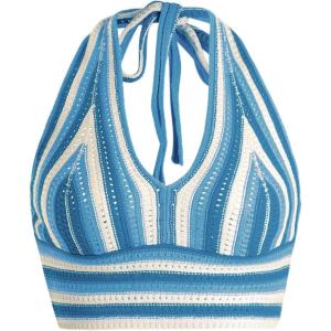 imageVerdusa Womens Colorblock Striped Crop Halter Top Tie Backless V Neck Going Out TopsLight Blue