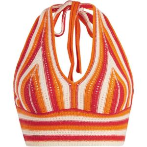 imageVerdusa Womens Colorblock Striped Crop Halter Top Tie Backless V Neck Going Out TopsOrange Red