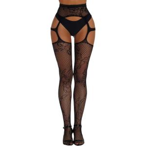 imageVerdusa Womens Fishnet Stockings Tights High Waist Lace Suspender PantyhoseCut Out Black