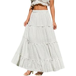 imageVerdusa Womens Flowy Flared Ruffle Boho Long Skirt Summer Maxi SkirtSolid White