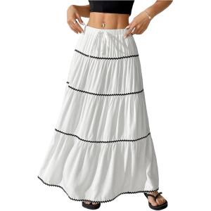 imageVerdusa Womens Flowy Flared Ruffle Boho Long Skirt Summer Maxi SkirtWavy White