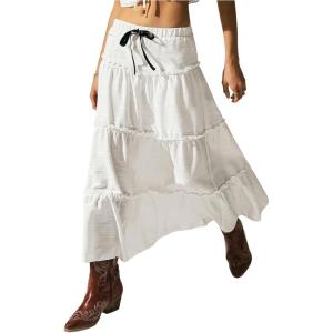 imageVerdusa Womens Flowy Flared Ruffle Boho Long Skirt Summer Maxi SkirtWhite Black